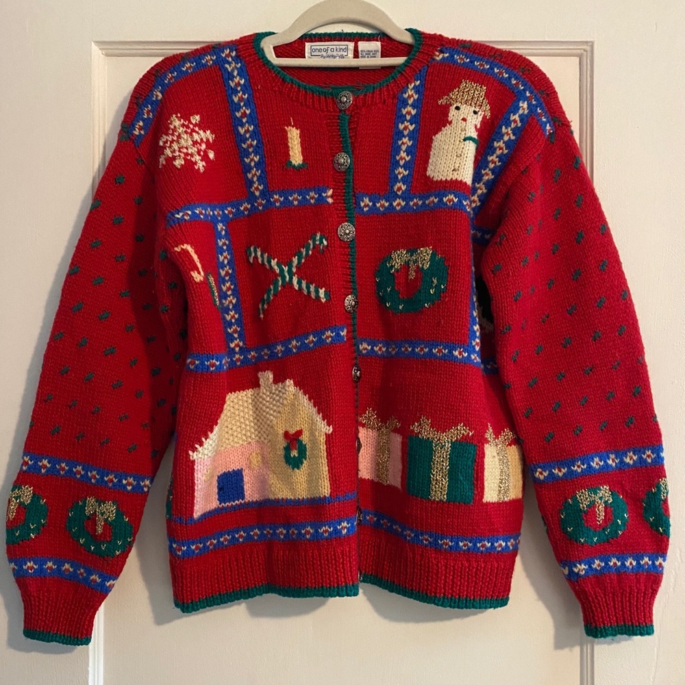 Rare VTG One of a Kind Shirley Duffy Wool Ugly Christmas Sweater Red Size L